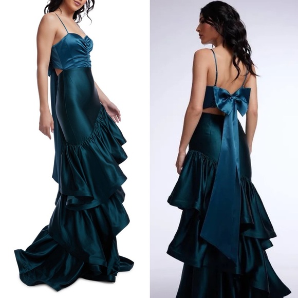 Dress the Population Clarice Tiered Ruffle Satin Gown in Pine Emerald Green - S - Picture 3 of 8